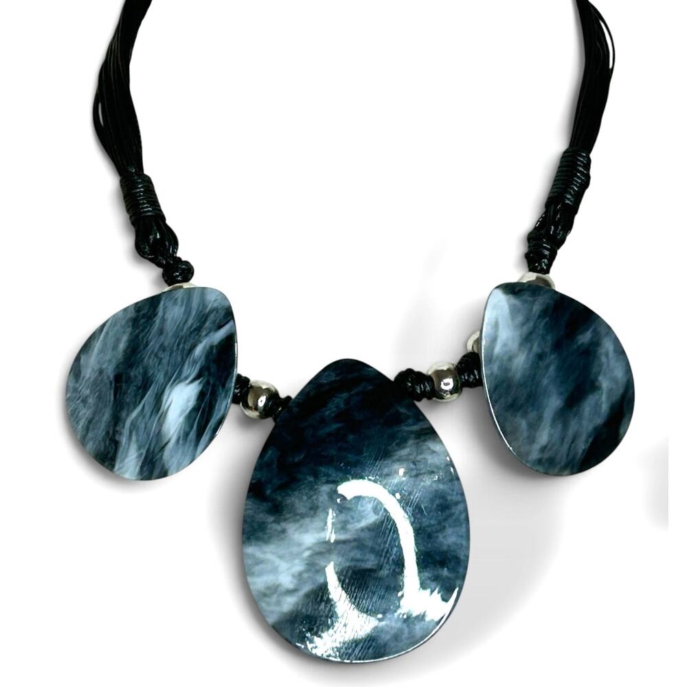 Large Resin Teardrop Statement Bib Necklace Gray White Swirl Multi Strand Cords